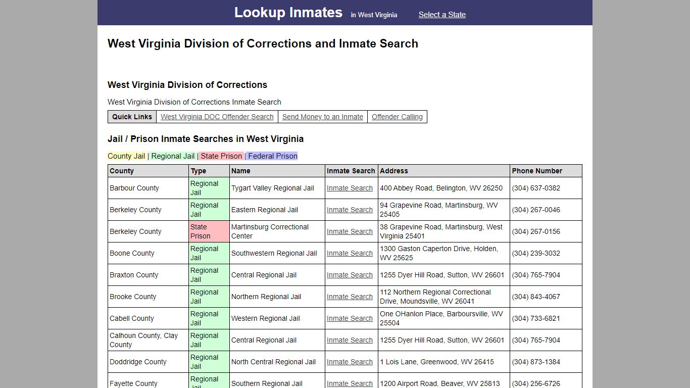 West Virginia Division of Corrections and Inmate Search